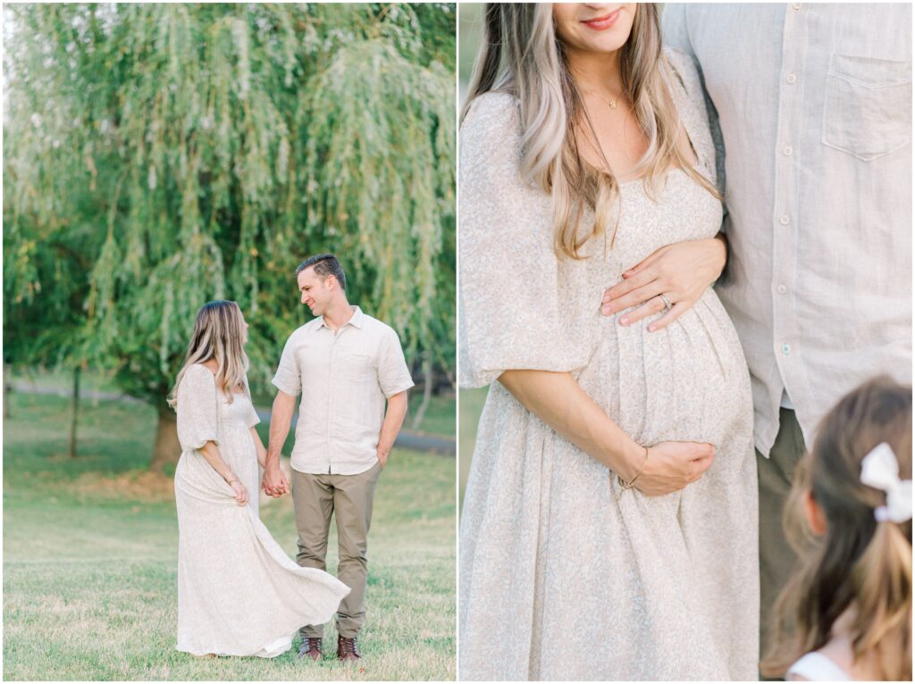 Family celebrating pregnancy with summer maternity photos in nautral photoshoot outfits