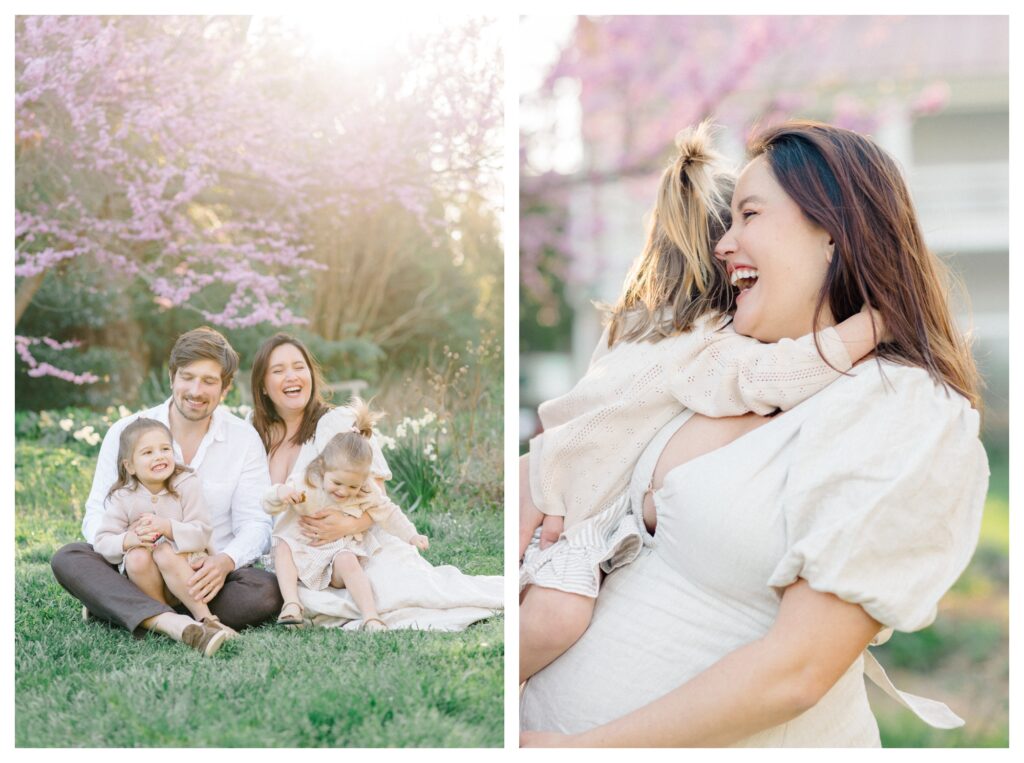 Family in neutral outfits smiling for maternity portraits in Washington, D.C.