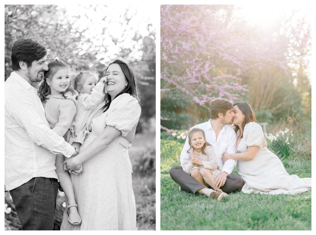 Family in neutral outfits smiling for maternity portraits in Washington, D.C.