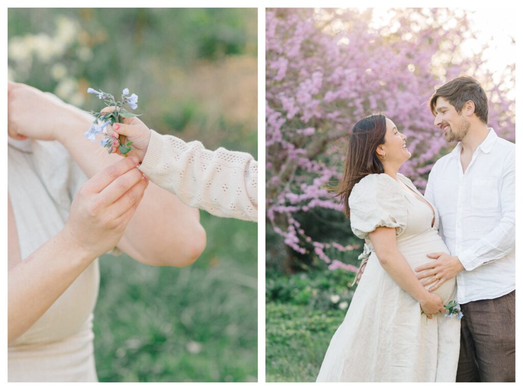 A child handing flowers to her mother during maternity portraits in Washington, D.C.