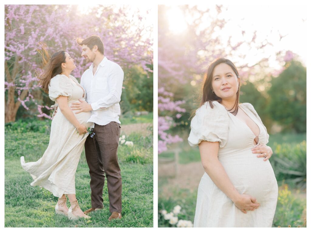 A couple in neutral outfits during maternity portraits in Washington, D.C.
