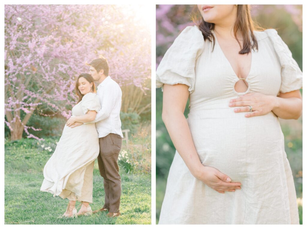 A couple in neutral outfits during maternity portraits in Washington, D.C.