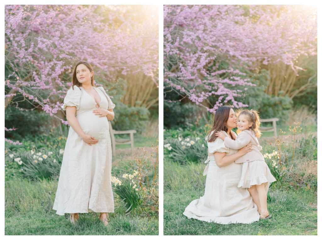 A mother kisses her daughter and smiles during maternity portraits in Washington, D.C. 