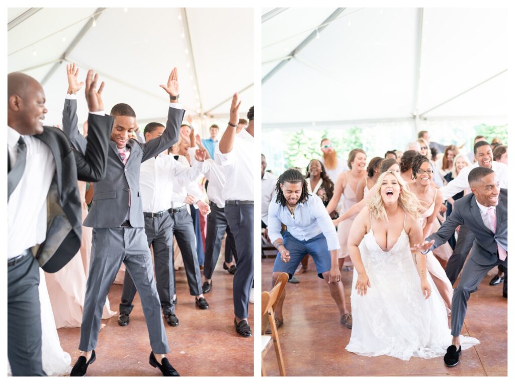 Bride and groom dance with family and friends at their intimate tented summer wedding in Virginia Beach