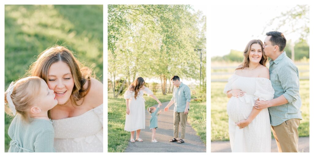 Expecting mom and dad with daughter wearing blue and white for their Virginia Beach Maternity Photos