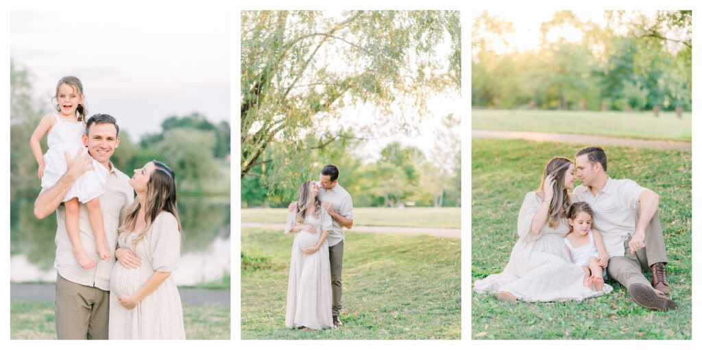 Expecting mom and family wearing neutral photoshoot outfits during their Virginia Beach Maternity Photos