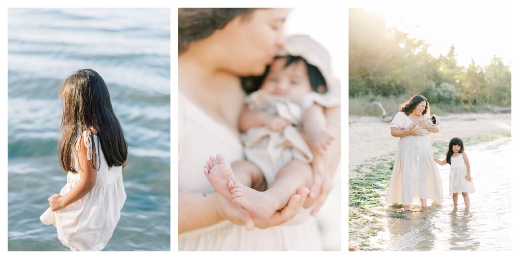 Mom and daughters wearing neutral photoshoot gowns during their Virginia Beach family photos