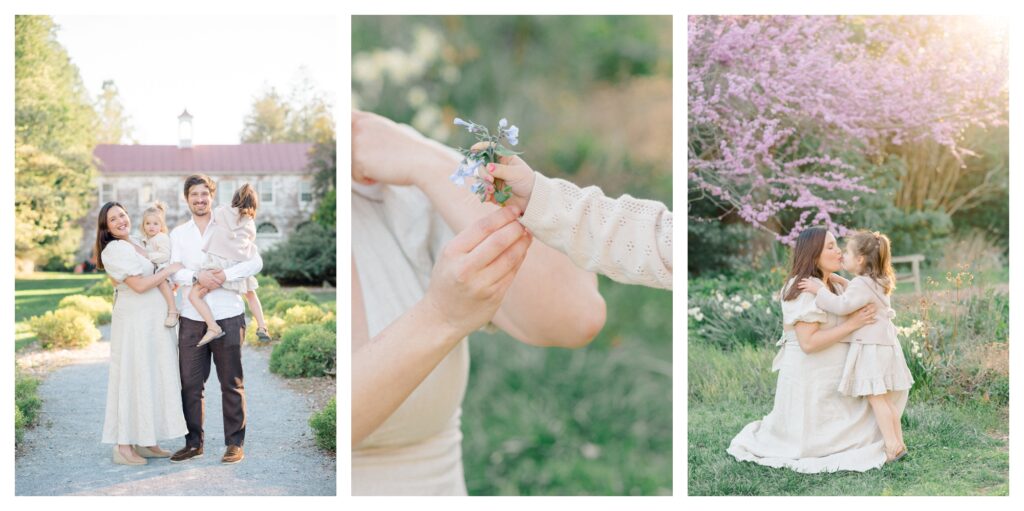 Family enjoying spring botanical garden maternity photos in Virginia Beach wearing neutral photoshoot outfits