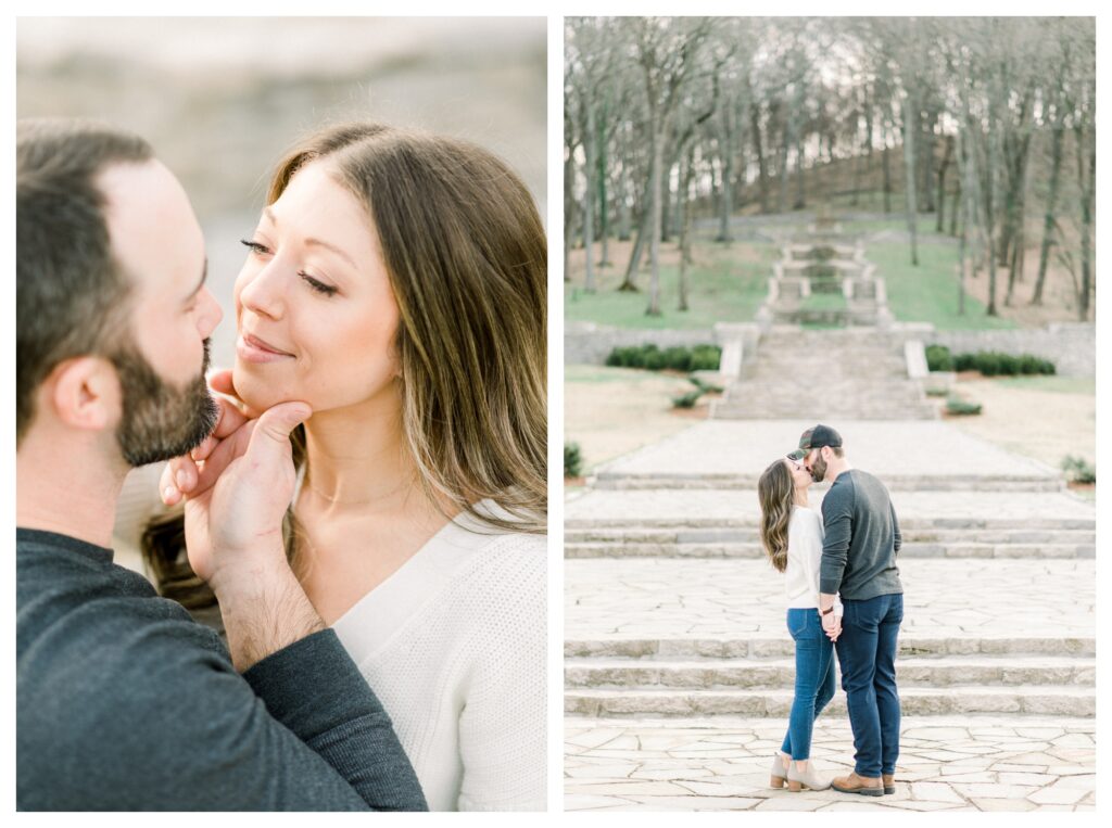 Bride and groom share a romantic kiss during their winter engagement photos in Hampton, Virginia