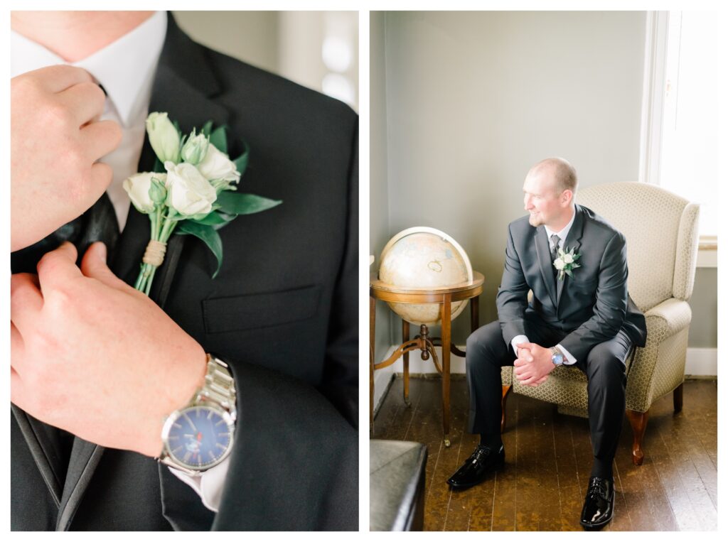 Groom getting ready before his summer wedding in Williamsburg, Virginia