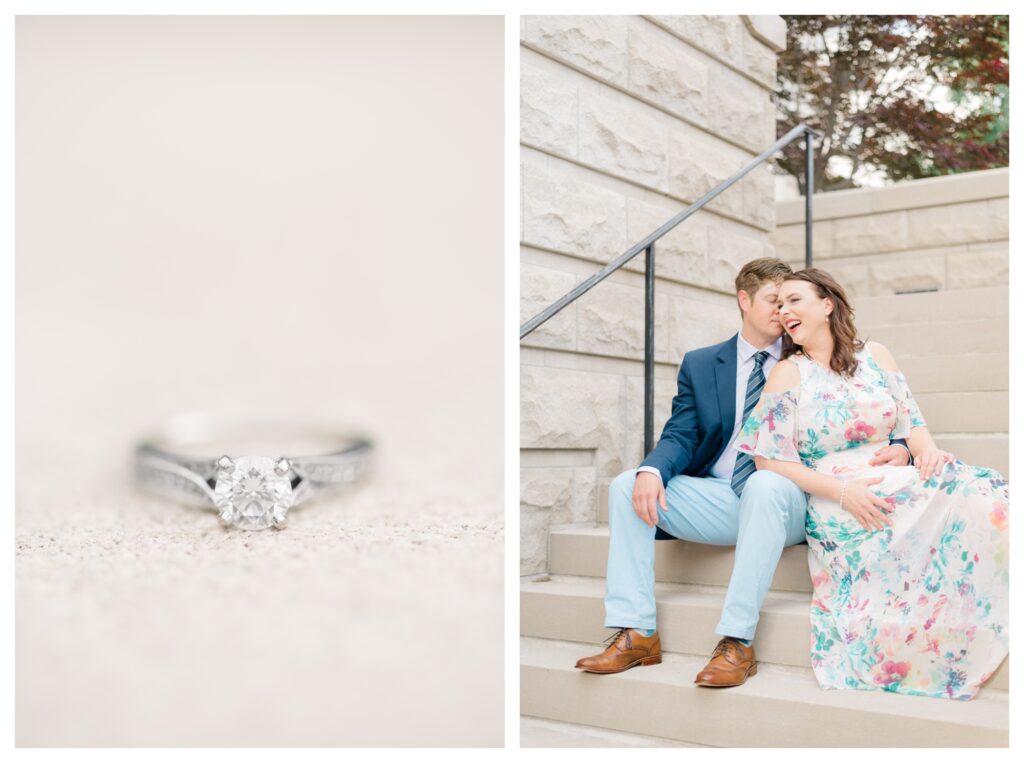 Engaged couple in blue sitting on their stairs for their summer engagement photos