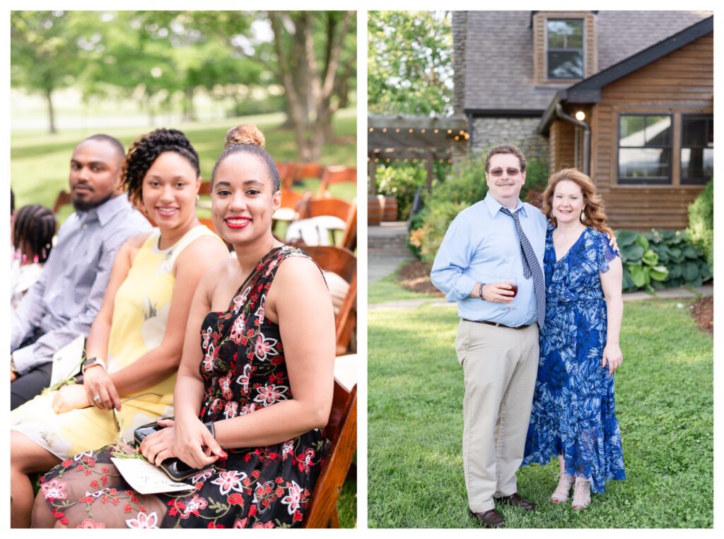 Wedding guests smile at the camera during cocktail hour and preparing for the wedding ceremony at a winery near Virginia Beach