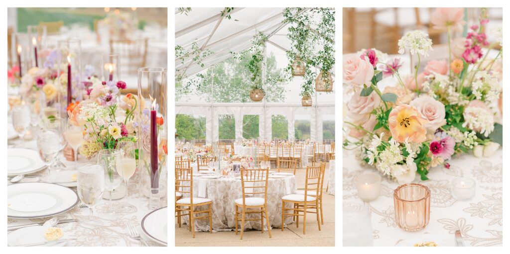 Peach and gold garden inspired tented wedding reception with rattan chandeliers and luxury table decorations
