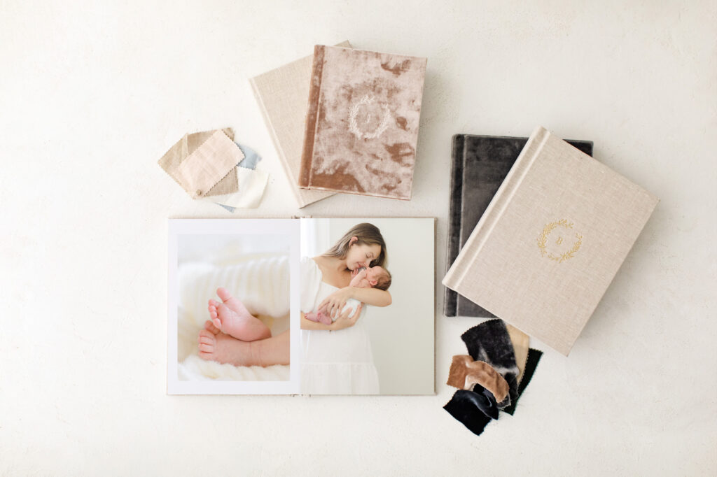 Neutral velvet heirloom photo albums for families, maternity, newborn photography sessions