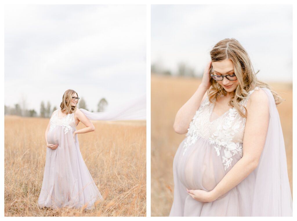 Mom wearing a purple and white designer maternity photoshoot gown posing for beautiful glamour shots 