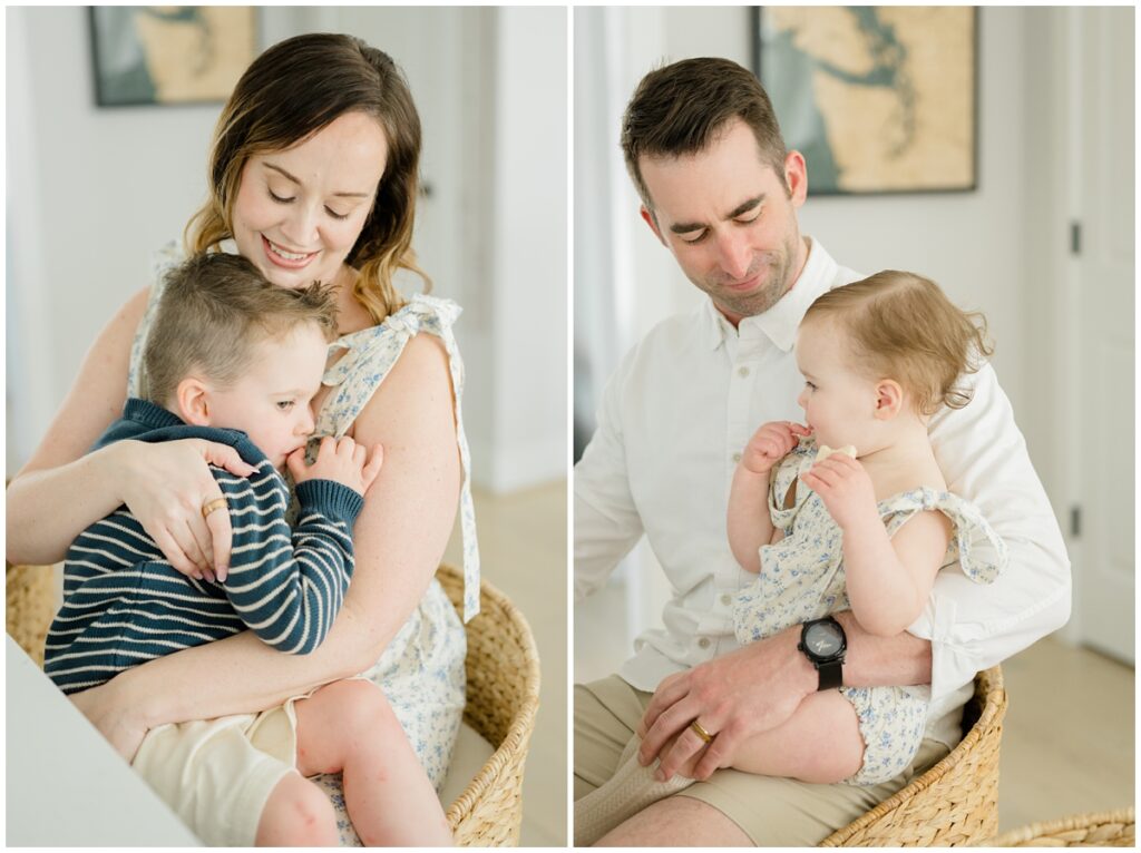 Mom hugging son and dad hugging daughter in wicker kitchen chairs