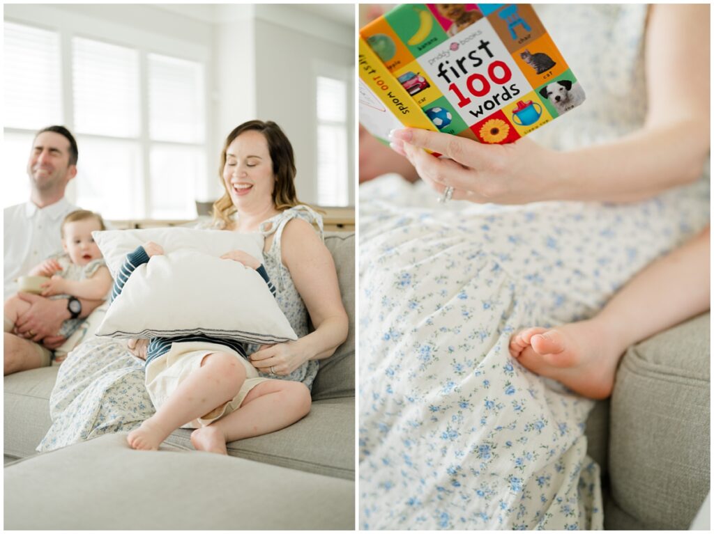 Parents laughing and reading with kids on sofa in a Norfolk, VA lifestyle session