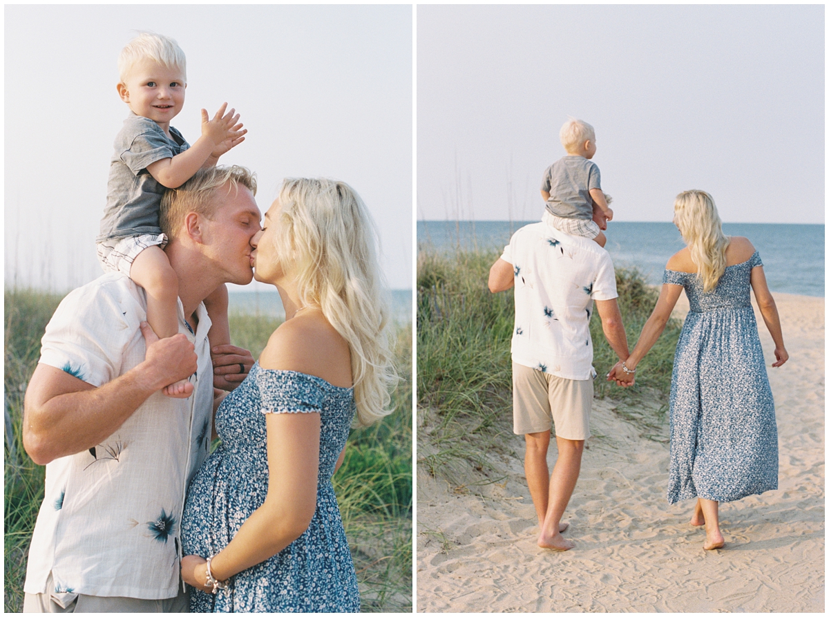 Family playing in the sunset at Croatan Beach, sharing a kiss and walking along the dunes
