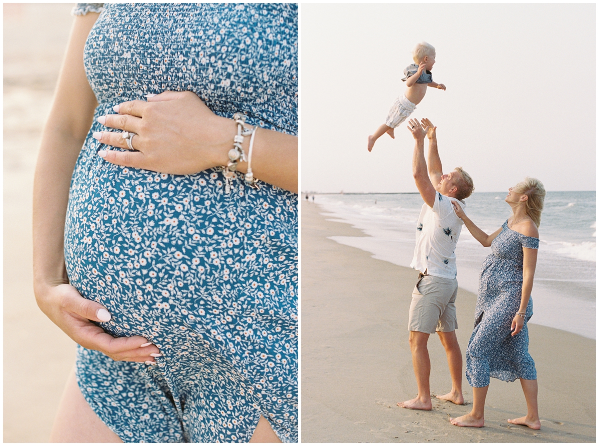 Mom holding baby bump and dad throwing baby up in the air during lifestyle maternity photos