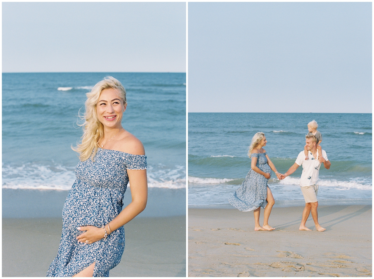 Expecting mom holding her belly as she walks with her husband and son on the Beach