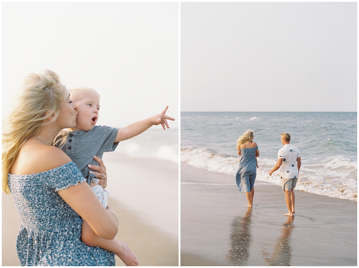 Lifestyle maternity photography on Kodak film at Virginia Beach with a military family wearing blue and white
