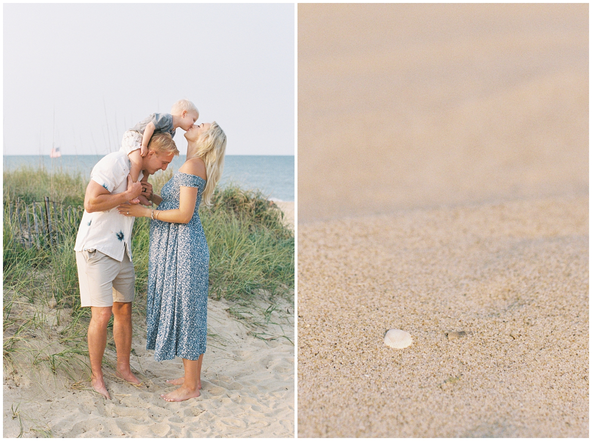 Family posing for maternity photos at Croatan Beach, located south of Virginia Beach